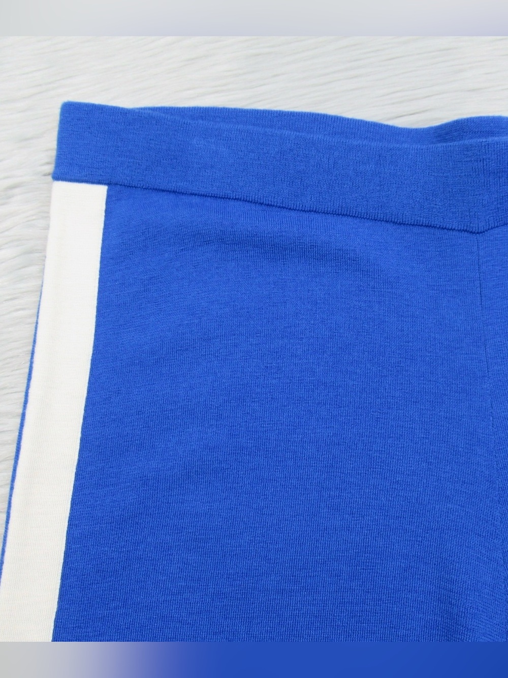 ST. JOHN 100% Wool Knit Wide Leg Pants Royal Blue Cream Side Stripe Size L - Picture 5 of 11